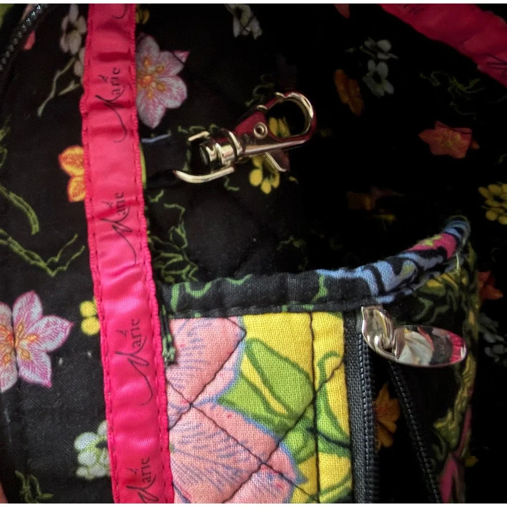 Marie by Giftcraft Quilted Floral Tote Bag Black/Pink/Green Shoulder Bag LG EUC